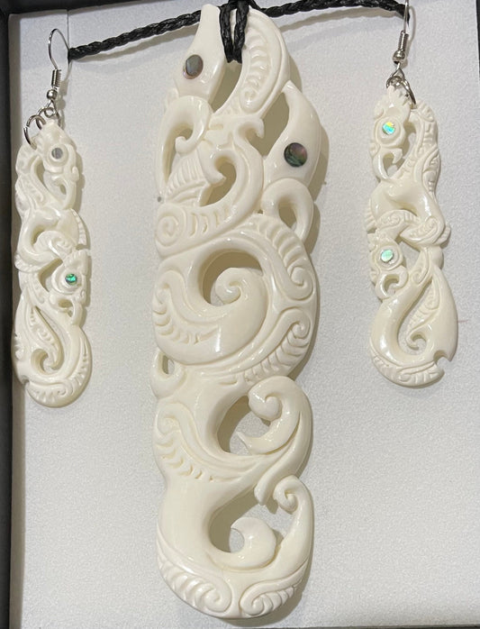 Bone  Manaia Set - Bone Necklace & Earrings