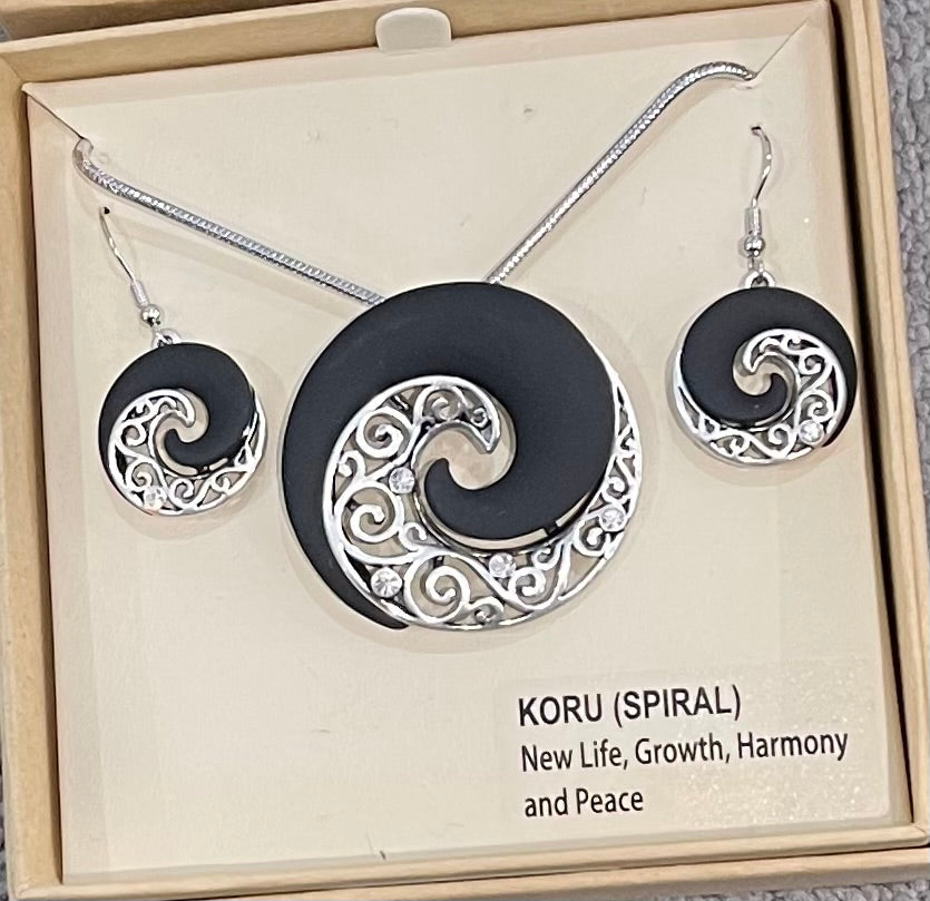 Black Spiral Koru Necklace and Earrings