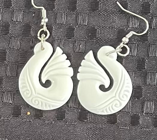 Carved Hei Matau - Bone Earrings