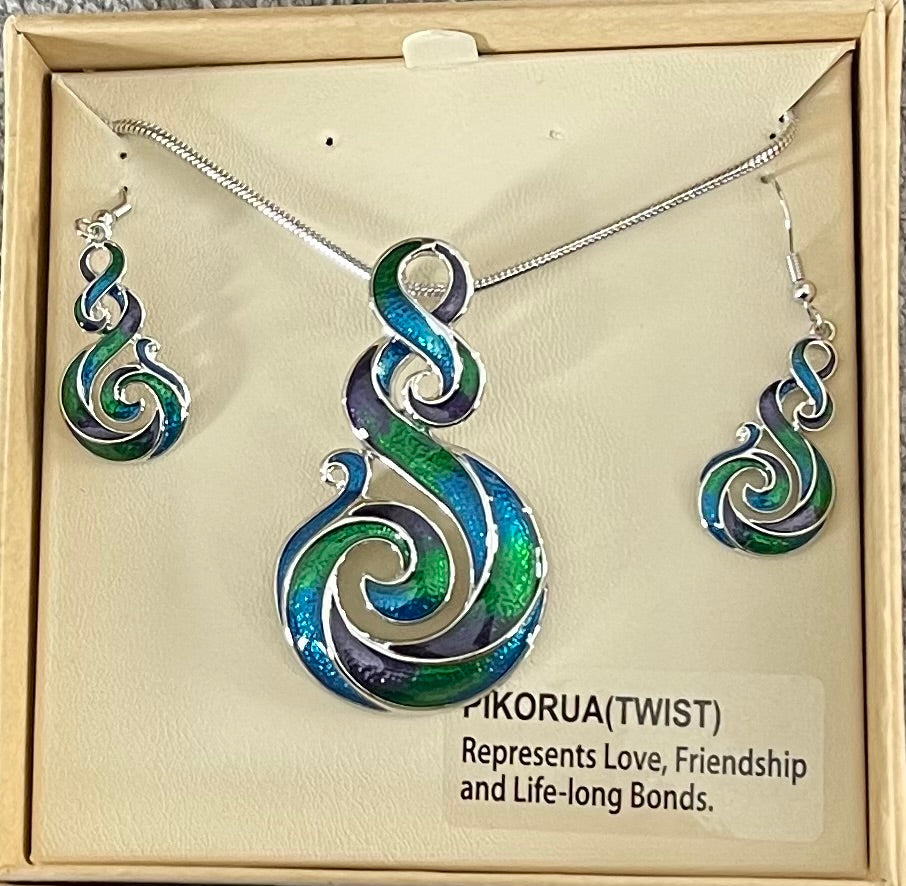 Blues and greens Twist Necklace and Earrings