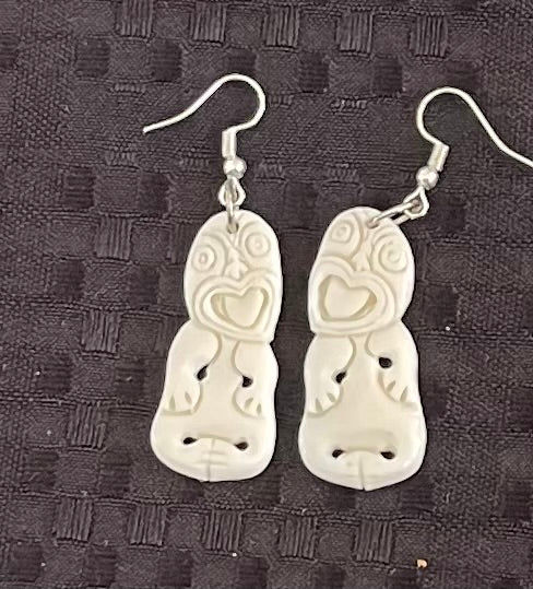 Tiki Carved Bone Earrings