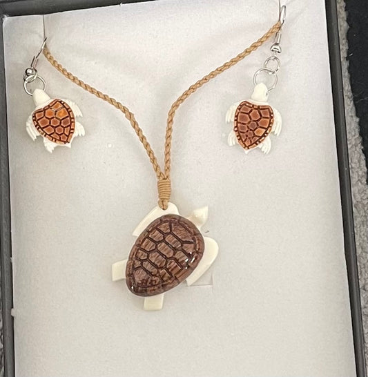 Bone Turtle Set - Bone Necklace & Earrings