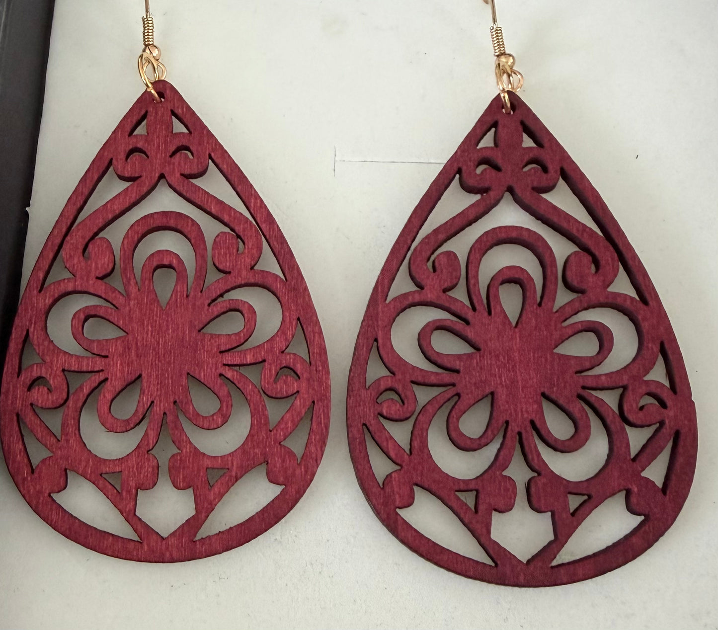 Wooden maroon drop earrings