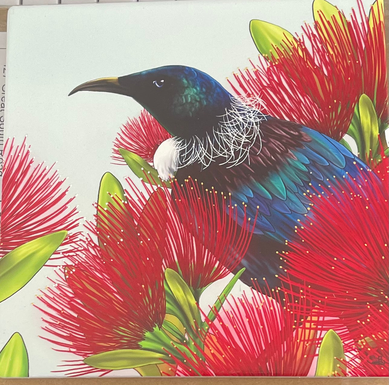 Square Tui On a Puhutukawa Tree Ceramic Wall Art