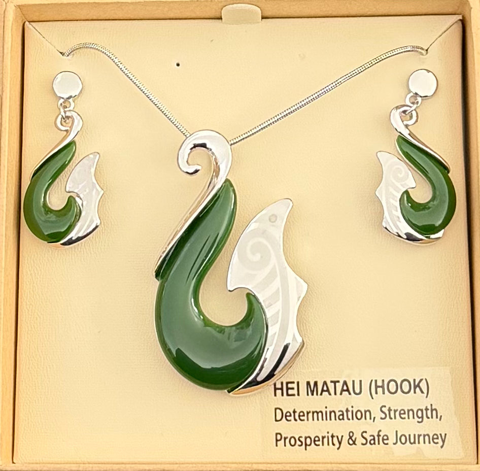 Jade Hei Matau Necklace and Earrings