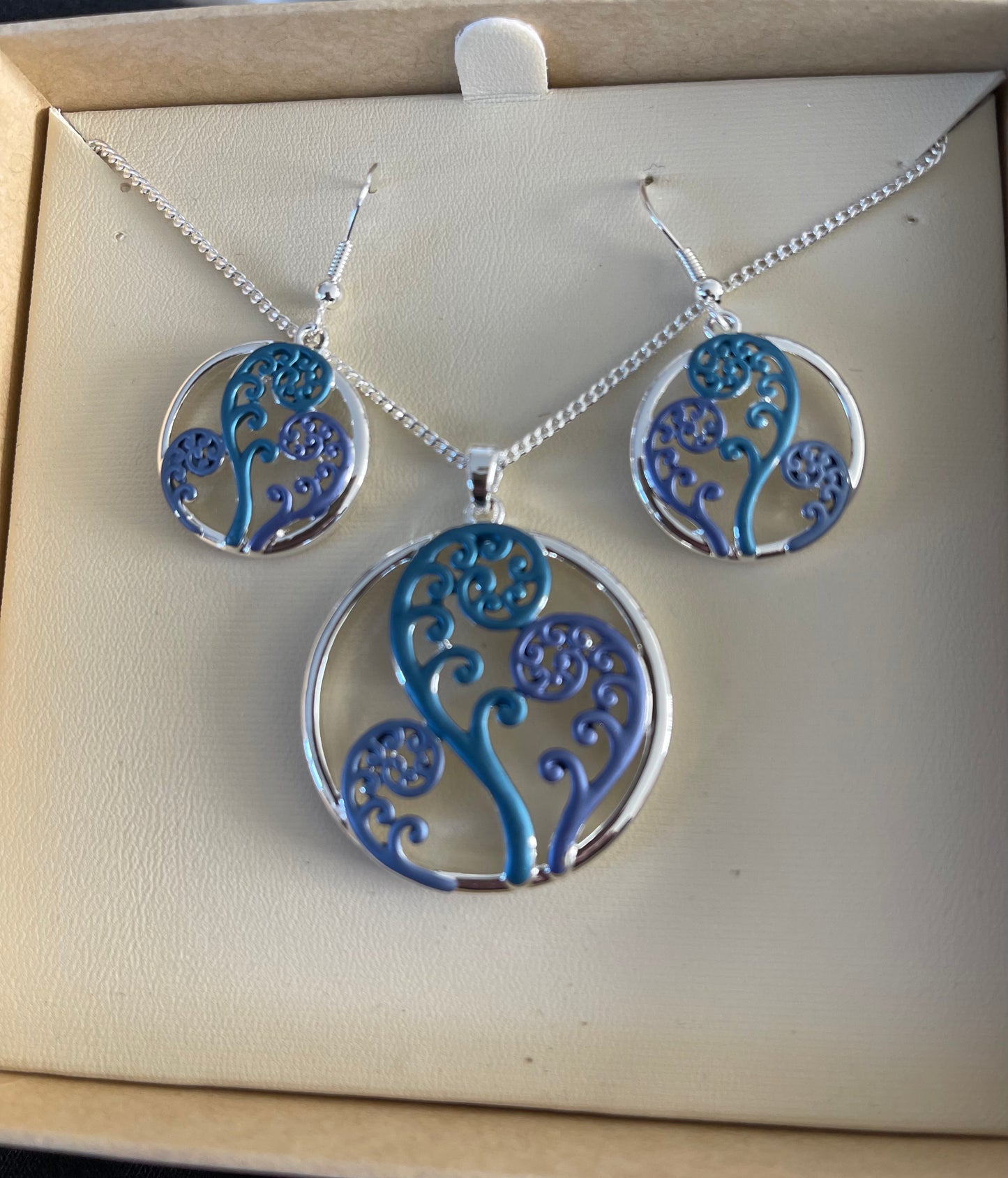 Blue koru Necklace and Earrings