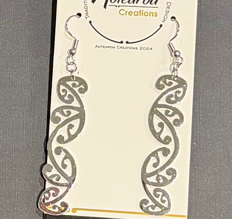 Stainless Steel Silver Maori Design Earrings