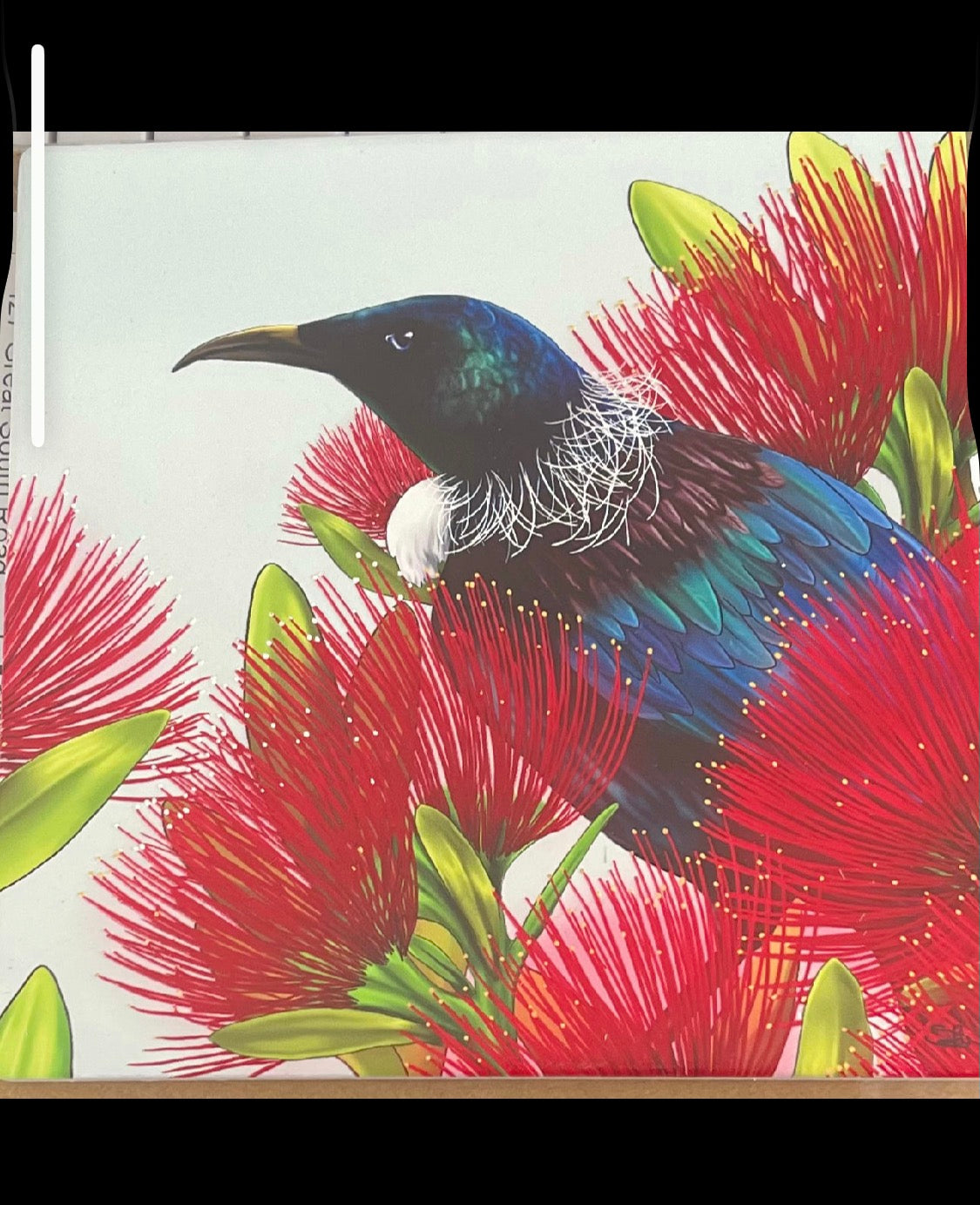 Square Tui On a Puhutukawa Tree Ceramic Wall Art plus a card to match