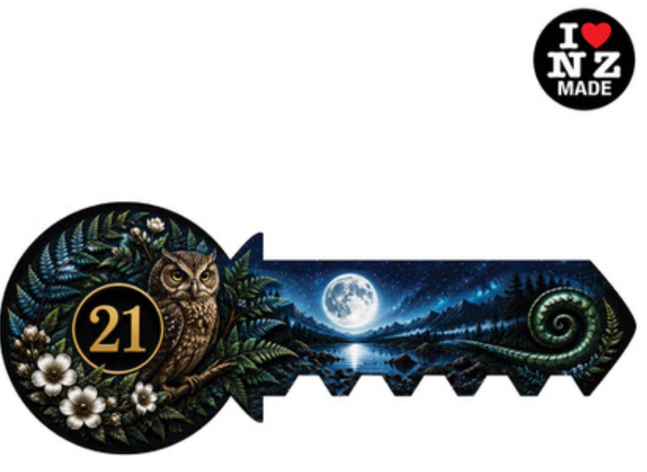Doug Healey Acrylic and wood backed boxed 21st key with a Morepork