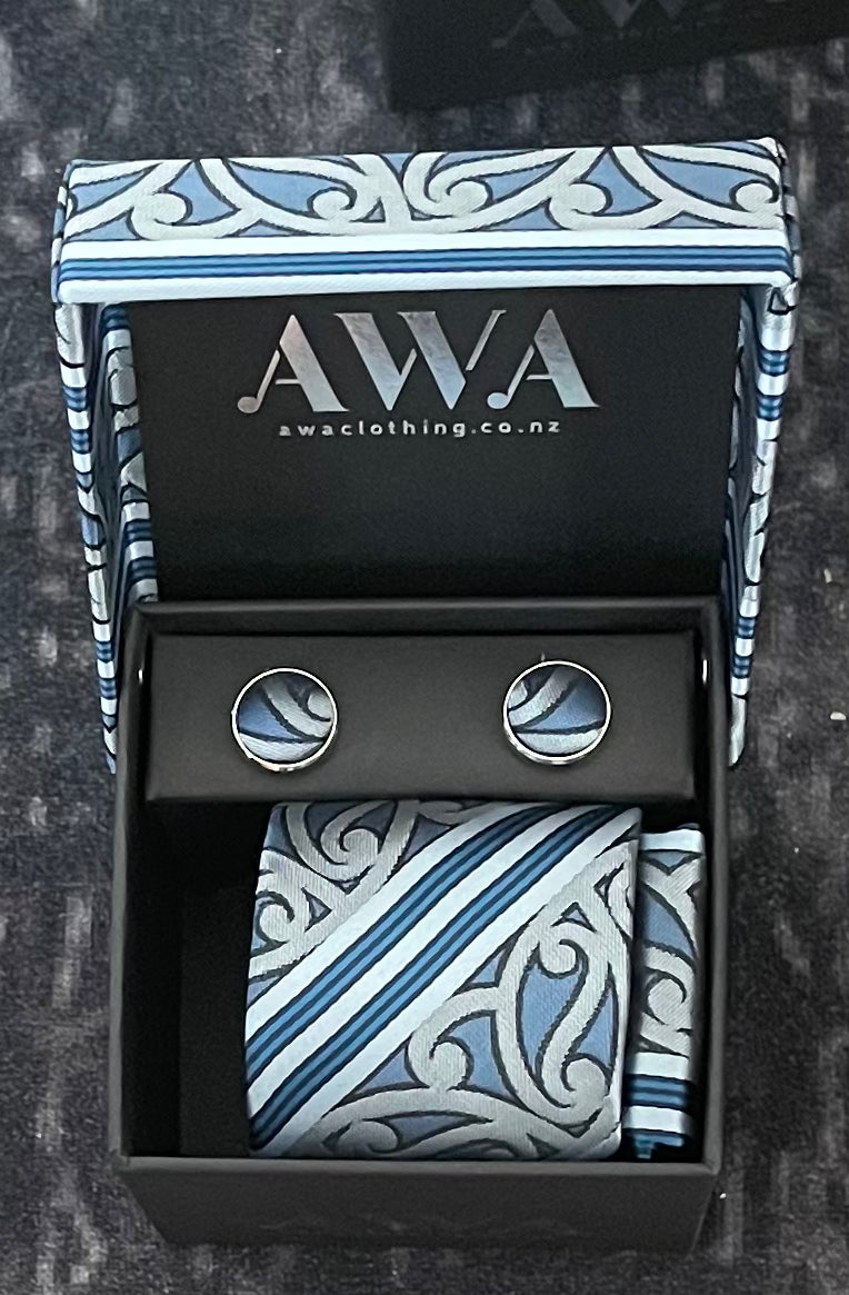 Neck Tie With Matching Cuff Links and Pocket Handkerchief in Maori Design
