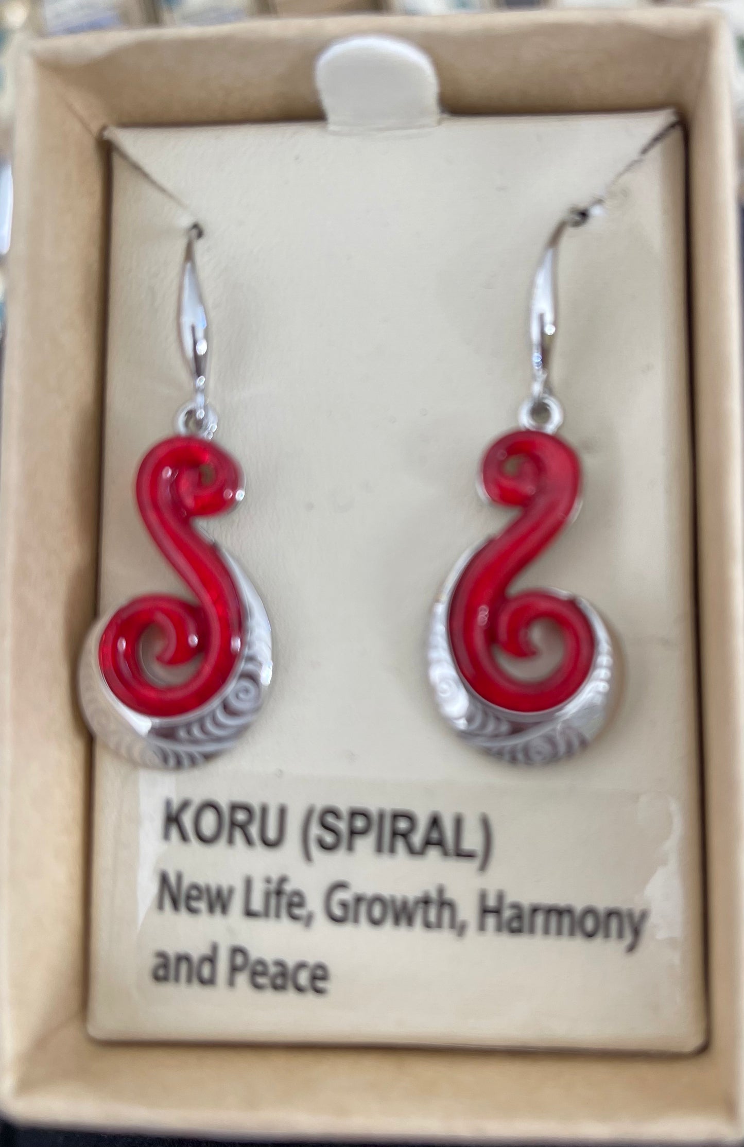 Red Koru Laser Rhodium Earrings