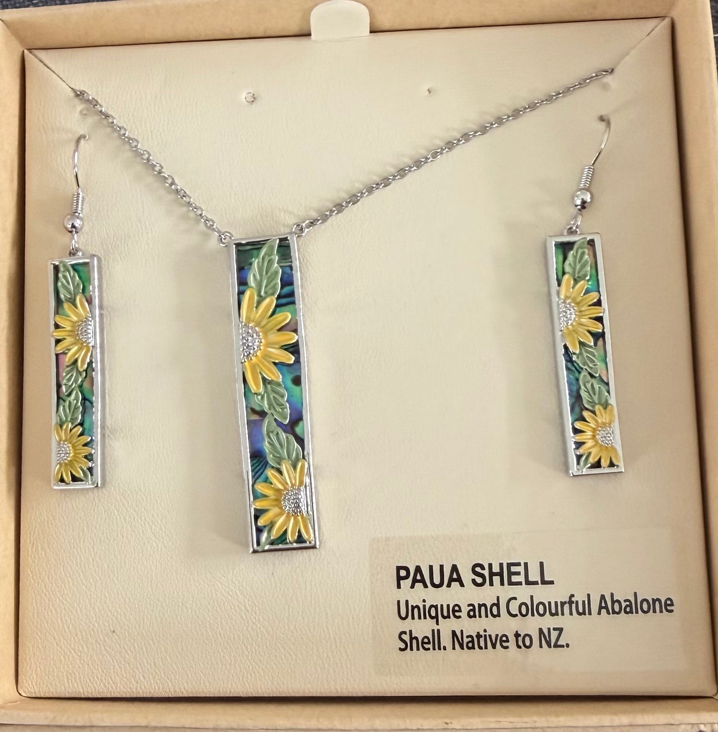 Paua with yellow flowers Design Pendant and Earrings