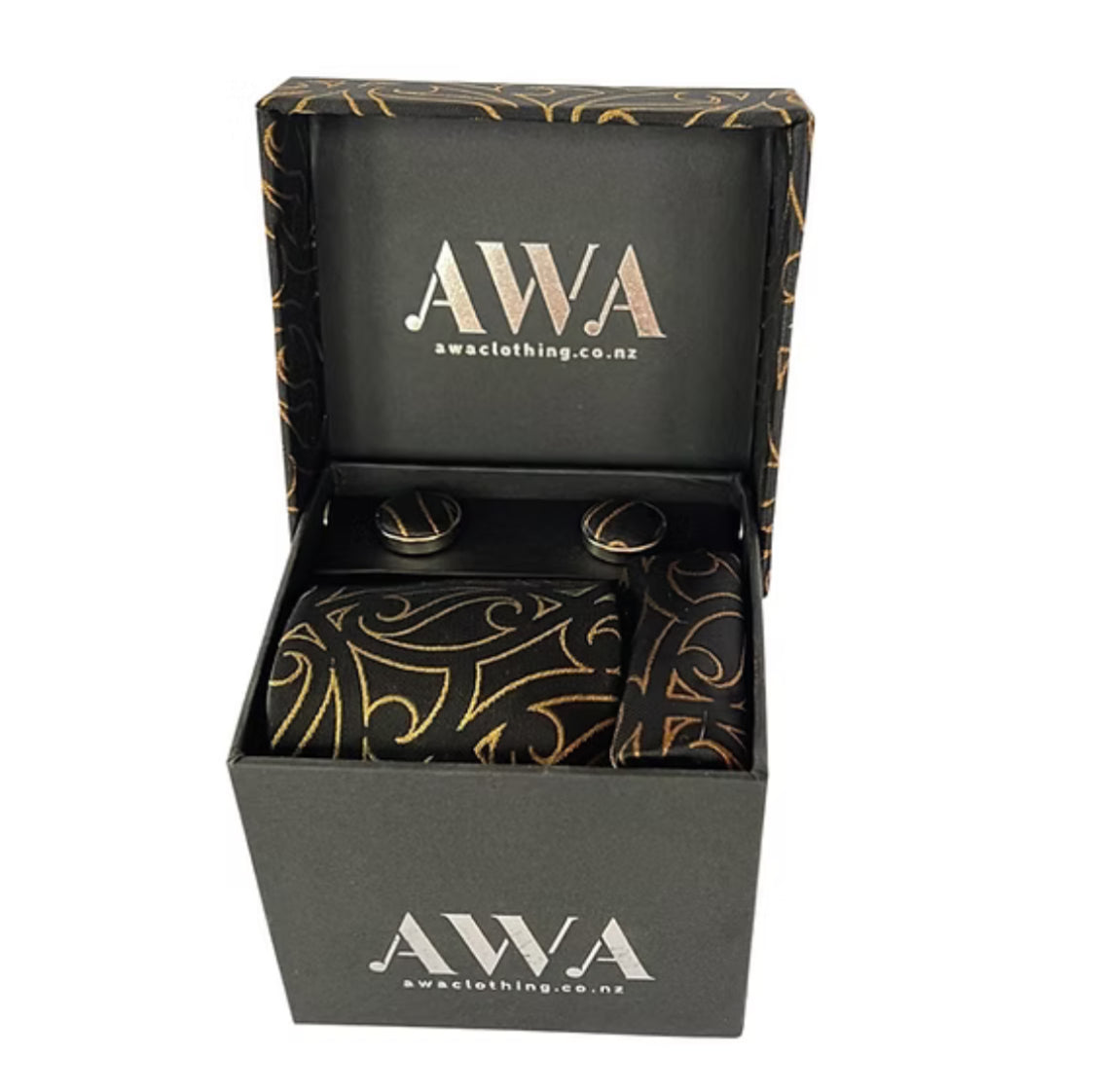 Neck Tie With Matching Cuff Links and Pocket Handkerchief in Maori Design