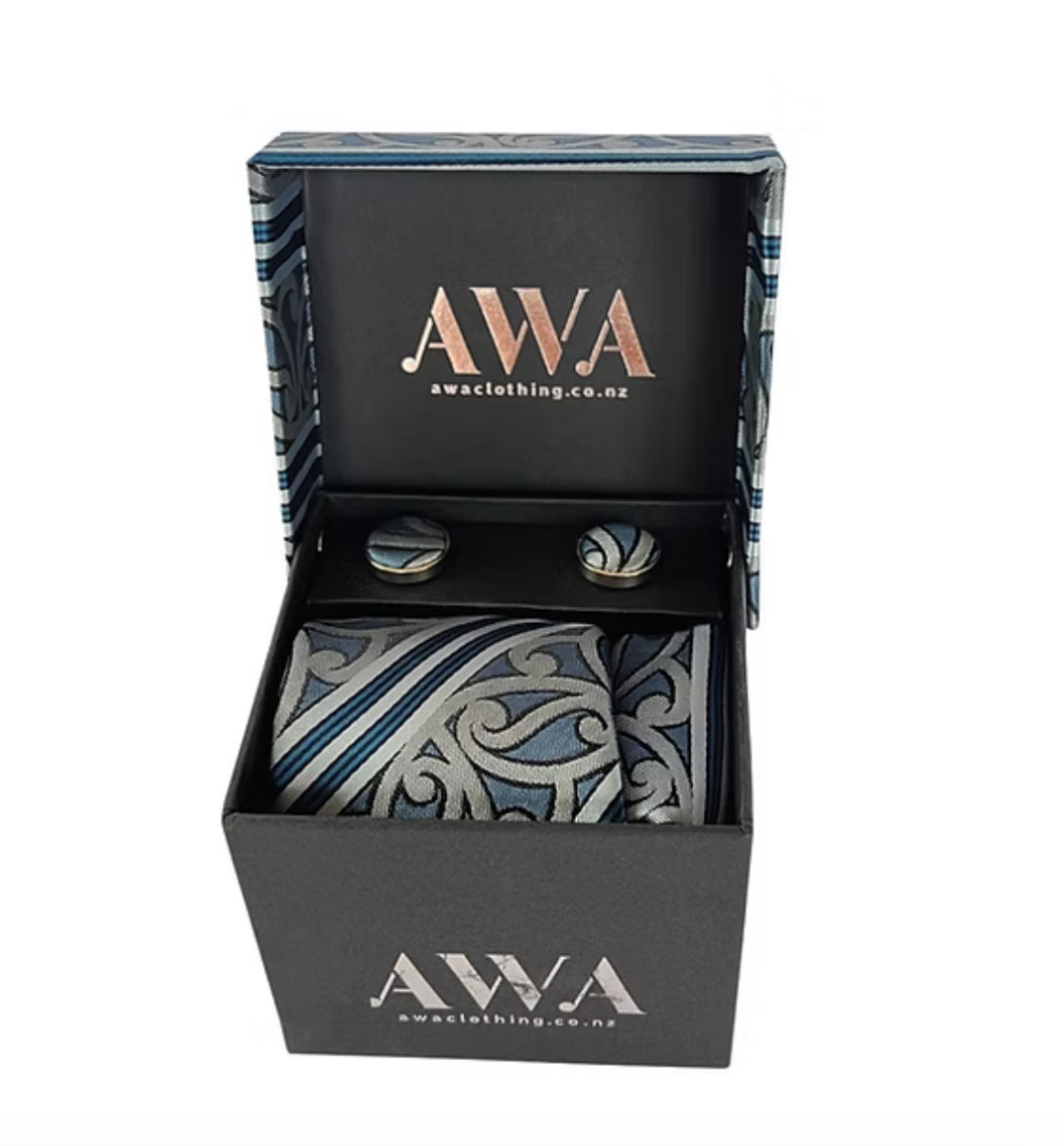 Neck Tie With Matching Cuff Links and Pocket Handkerchief in Maori Design