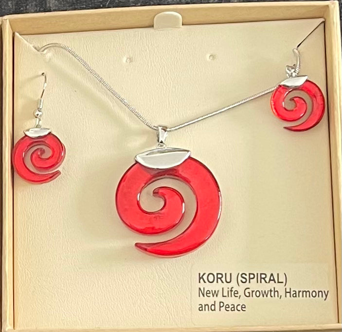 Red Resin Koru Necklace and Earrings