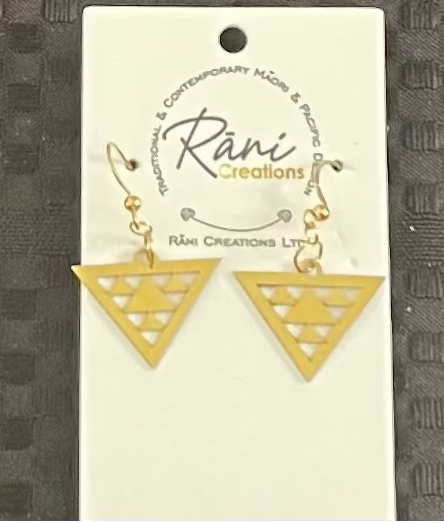 Gold triangle earrings on a Rani Creations branded card against a textured gray background