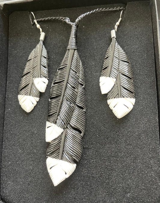 Bone Black Feather Set - Bone Necklace & Earrings