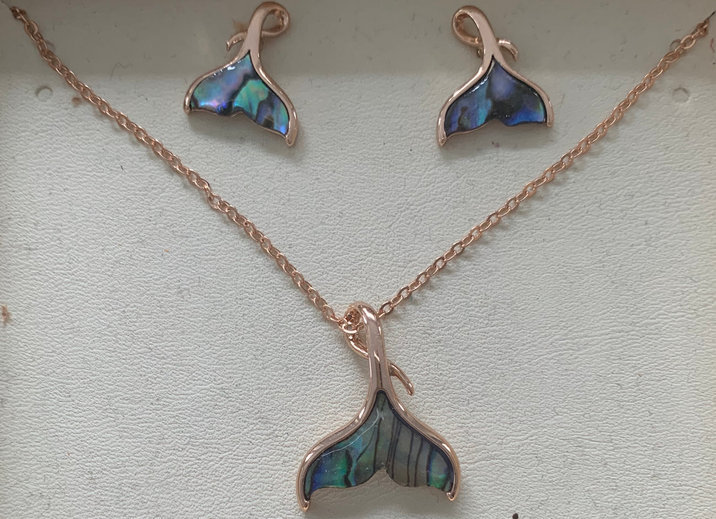 Paua whale tail rose gold set