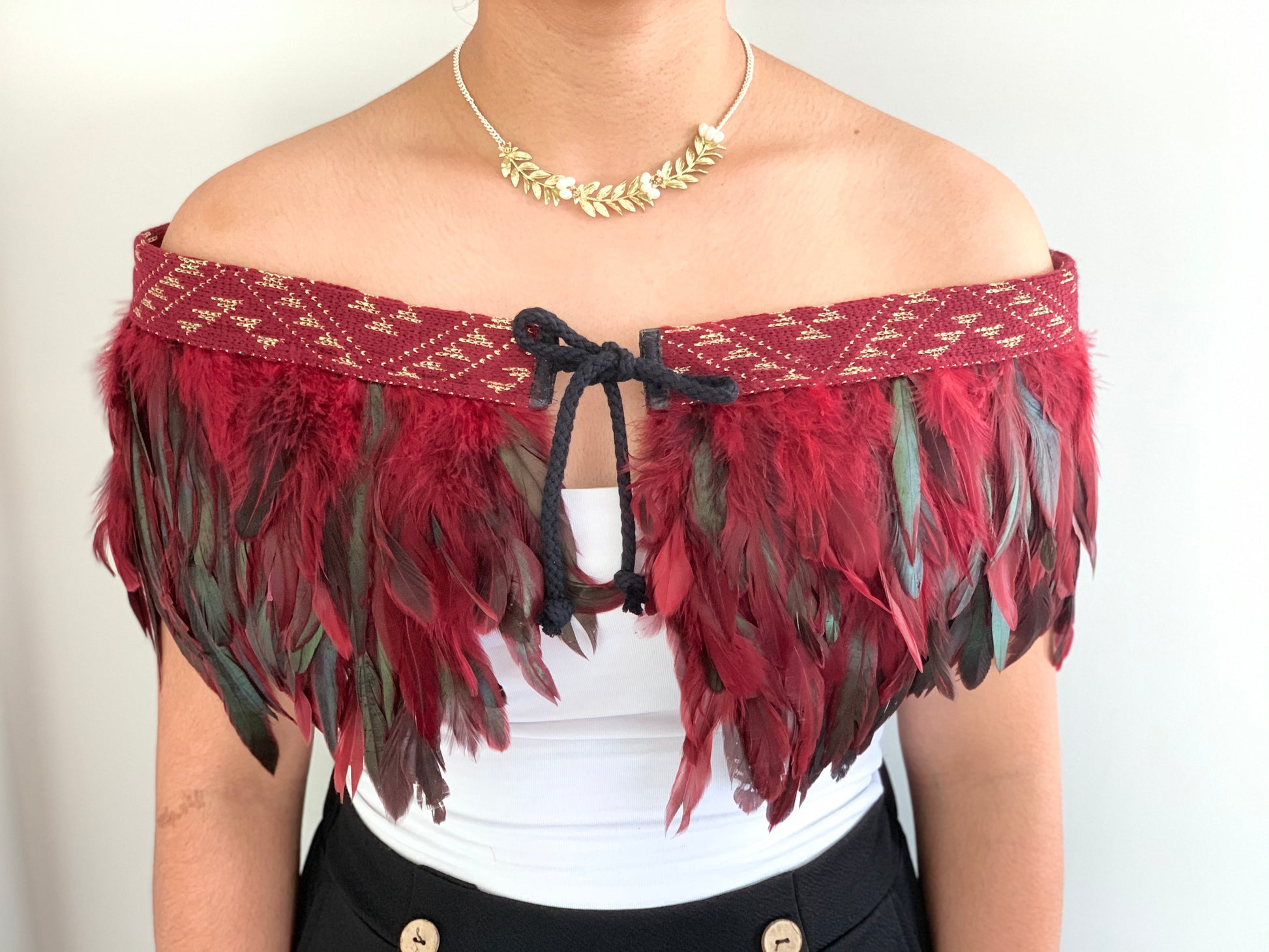 Maroon feathered evening Maori cape - Maroon Evening Maori Cape - Feathered Capes - Maori Cape