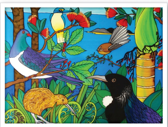 small maori artwork is framed its a Jo May Canvas Forest Birds print