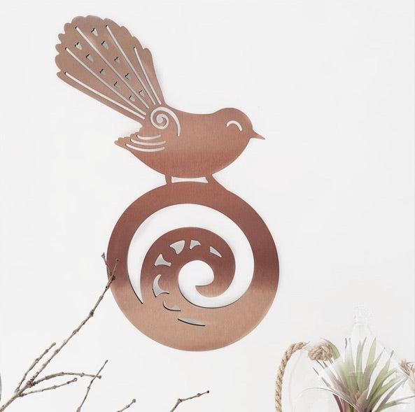 Fantail on Koru Brushed Copper - Wall Art