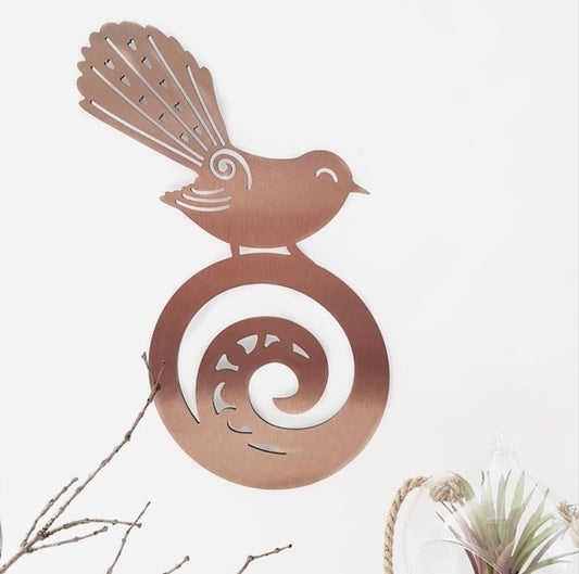 Fantail on Koru Brushed Copper - Wall Art