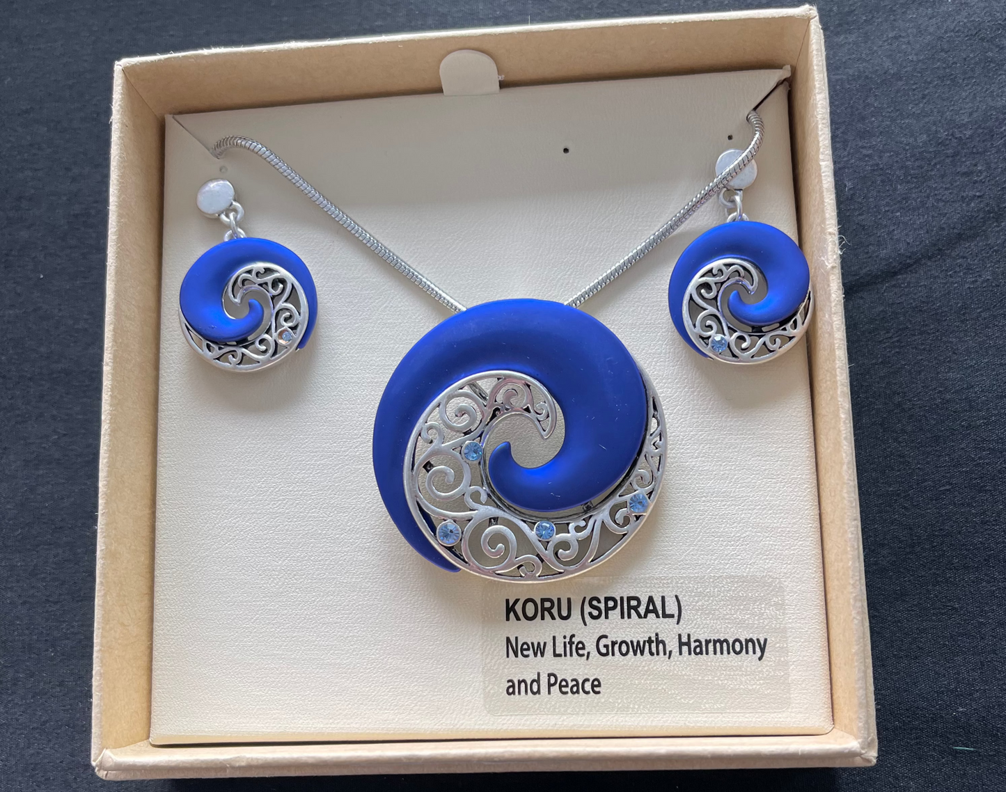 Blue Koru Necklace and Earrings