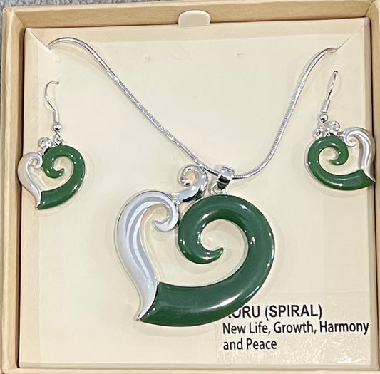 Jade Koru Heart Necklace and Earrings