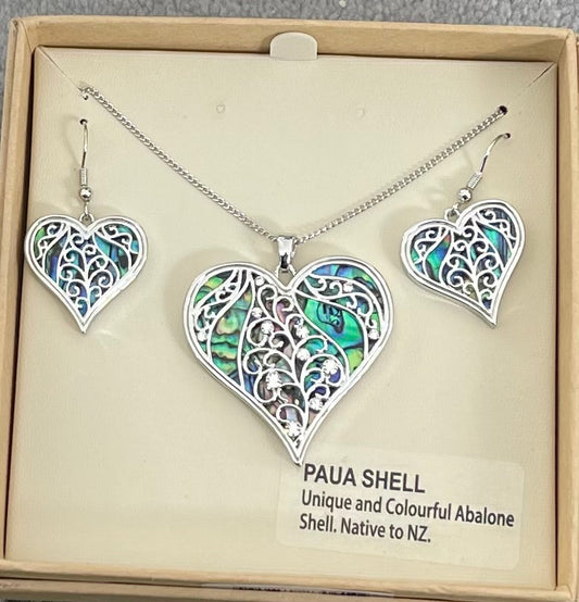 Heart Paua Necklace and Earrings