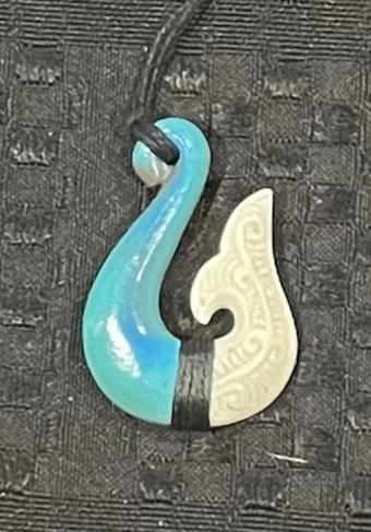 Blue Hei Matau Wood- Bone Painted Pendant