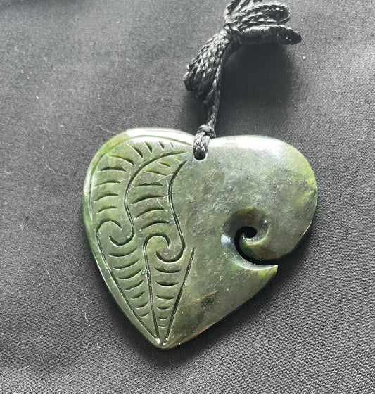 Engraved heart with a koru Greenstone Pounamu Necklace