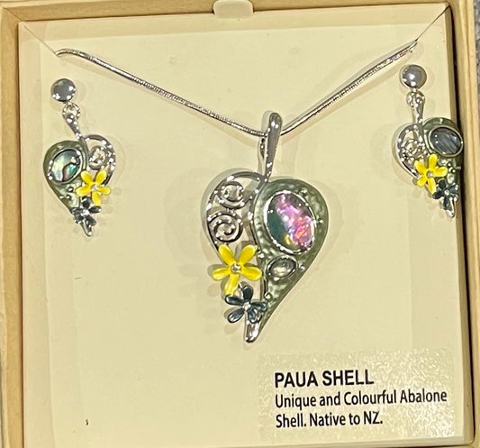 Paua Flower Heart Necklace and Earrings