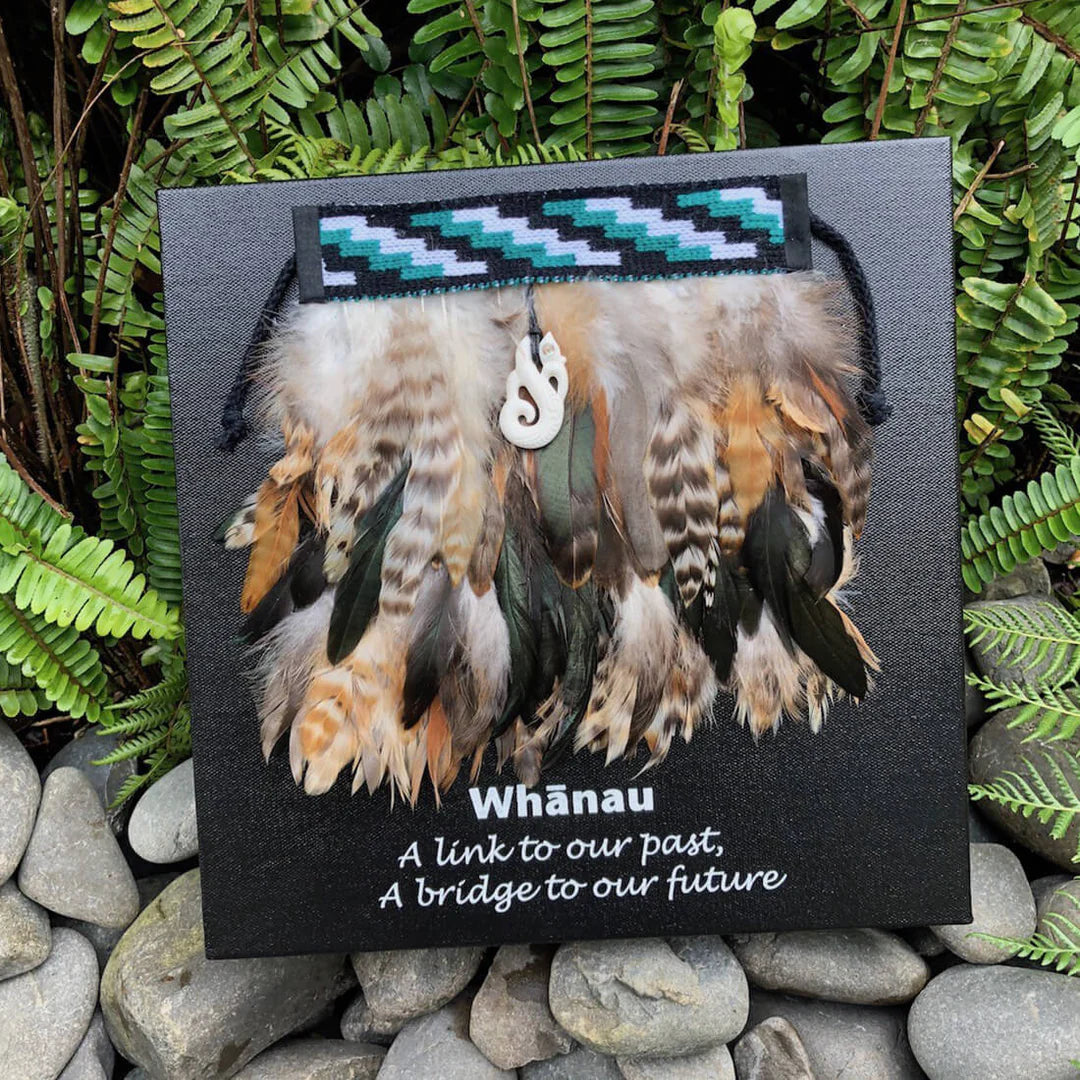 Feathered korowai decoration with 'Whánau' text against a black background, surrounded by greenery and stones.