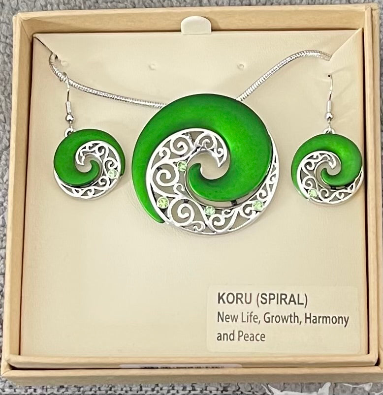 Green Koru Necklace and Earrings