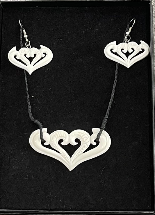 Koru Heart Set - Bone Necklace & Earrings