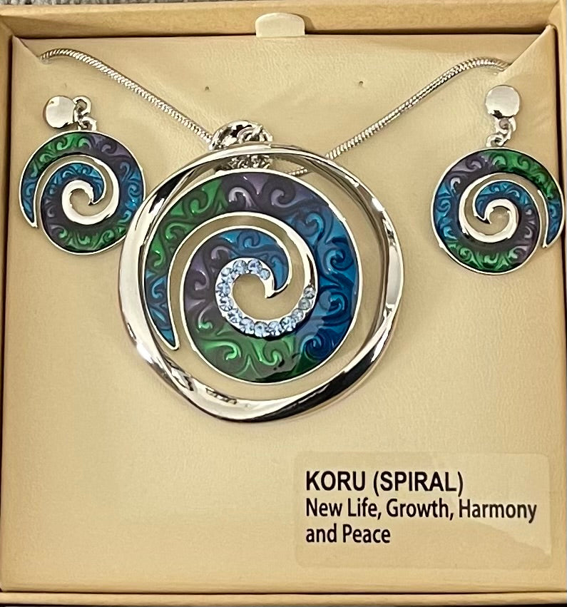 Green Blue purple Koru Necklace and Earrings