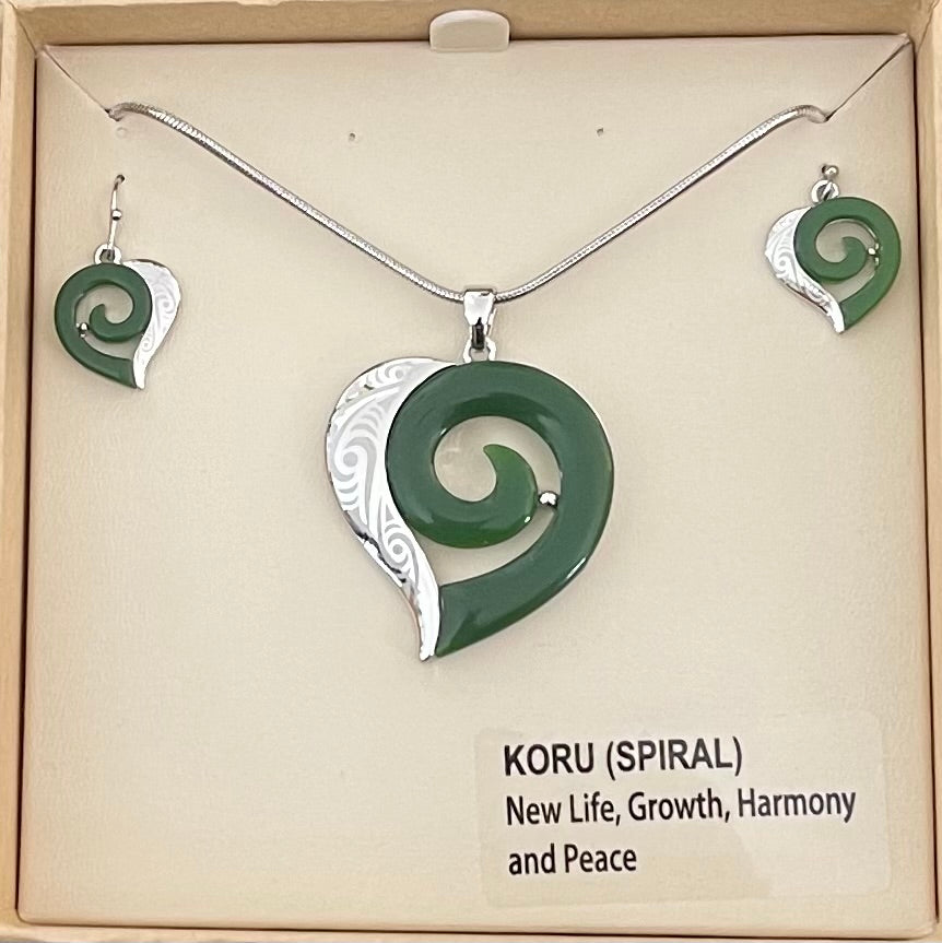 Jade Koru Heart Necklace and Earrings