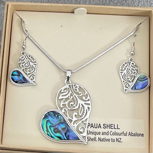 Heart Paua Shell Necklace and Earrings