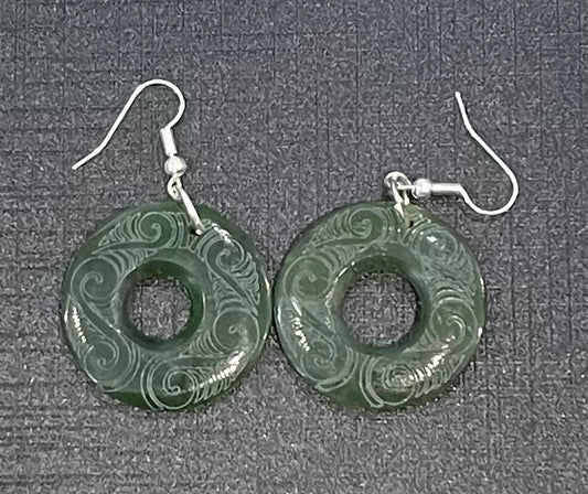 Engraved doughnut Greenstone Earrings