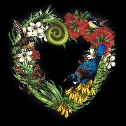 A canvas art piece featuring a heart shape surrounded by floral patterns and a bird