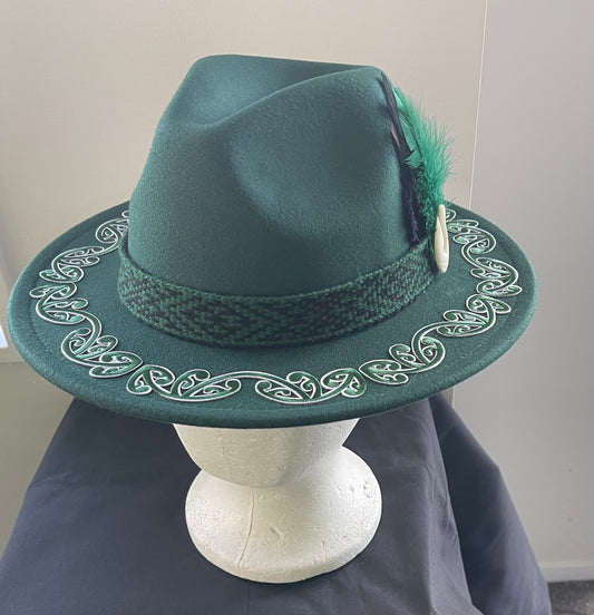 Potae - Bottle Green Embroidery Fedora Felt Hat