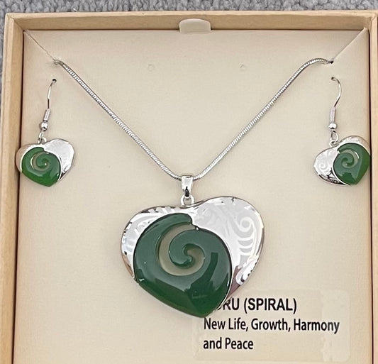 Jade Koru Heart Necklace and Earrings