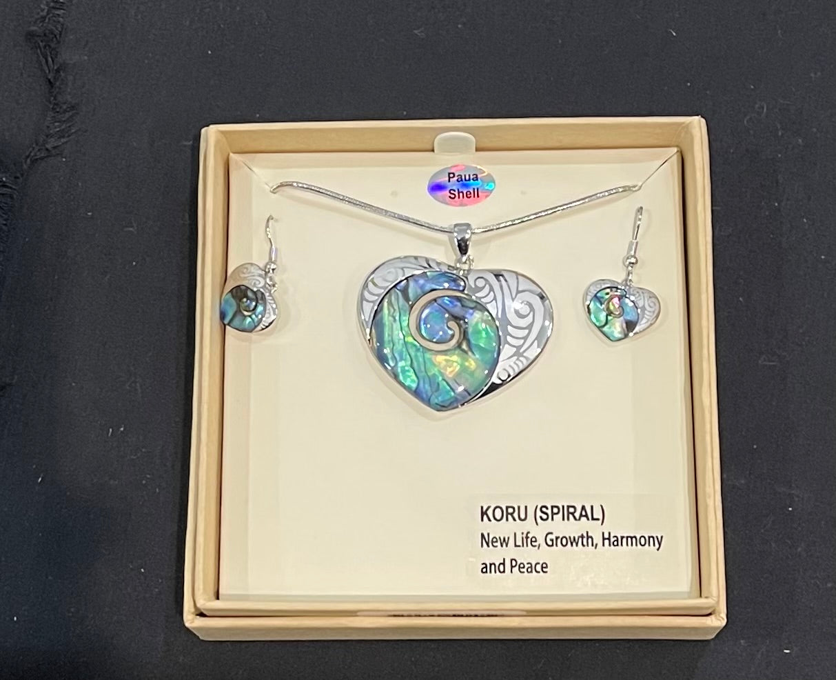 Paua Heart Necklace and Earrings