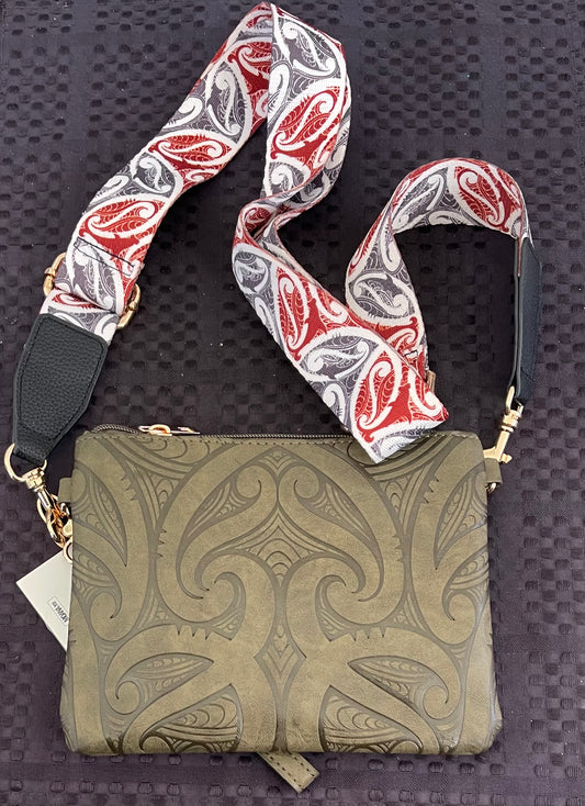 Moana Road - Clutch Bag Olive Green With Maori Design Strap