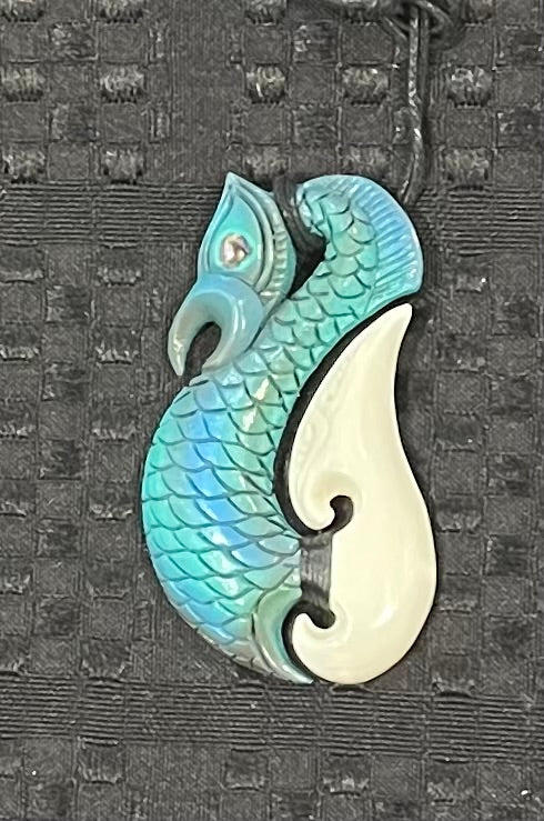 Blue Manaia Wood- Bone Painted Pendant