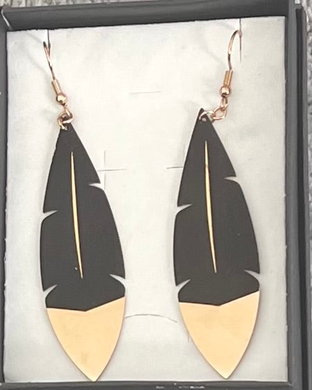 Stainless Steel Black and Gold Feather Earrings