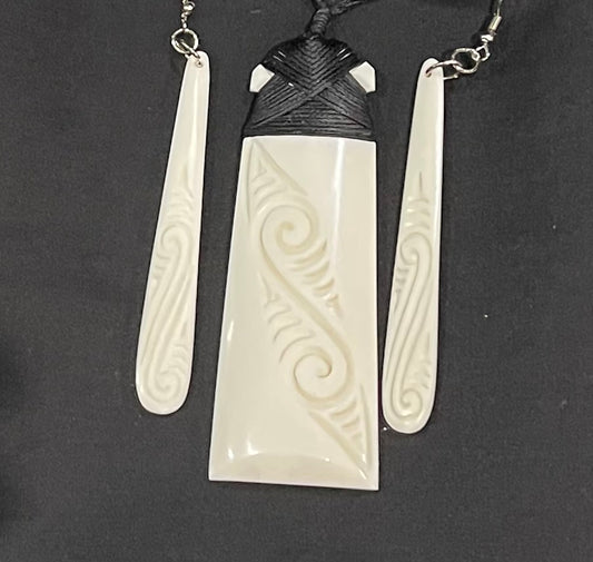 Toki Necklace - NZ Bone Carving - Bone Carved Earrings