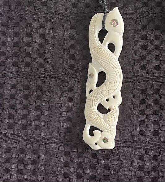 Triple manaia Pendant with Paua Bottom - Bone Carving