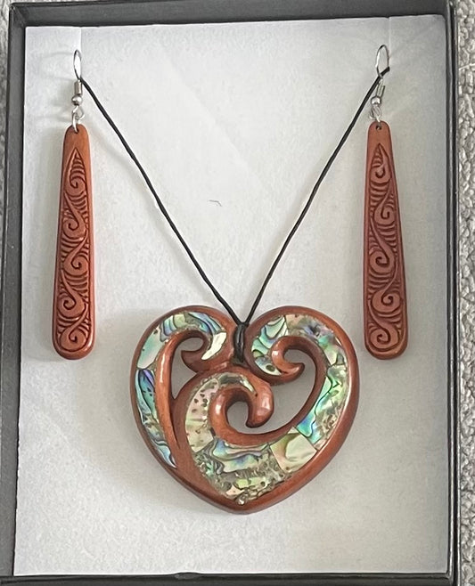 Wood and Paua Heart Set - Bone Necklace & Earrings