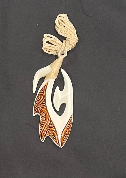 Bone Hook With Brown Stain Pendant - Bone Carving
